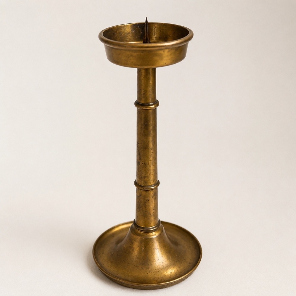 Vintage Solid Brass MCM Candlestick Holder Aged Gold Pillar Spike Pedestal
